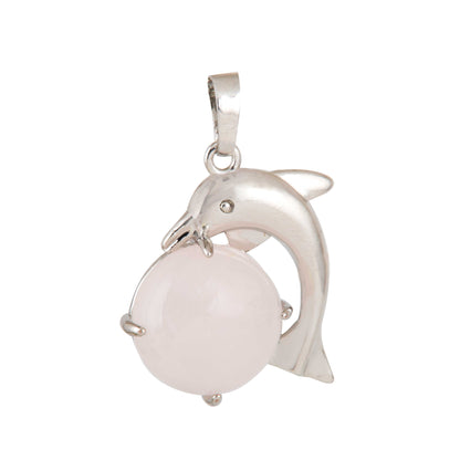 Natural Rose Quartz Dolphin Crystal Pendant in metal