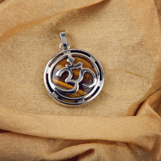 Natural Tigers Eye Om Crystal Pendant in metal