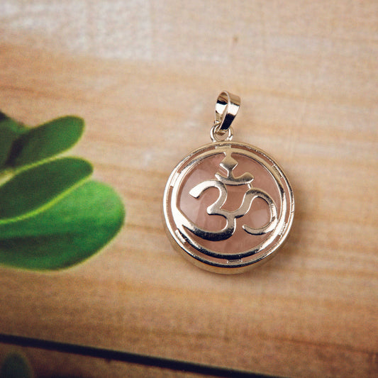 Natural Rose Quartz Om Crystal Pendant in metal