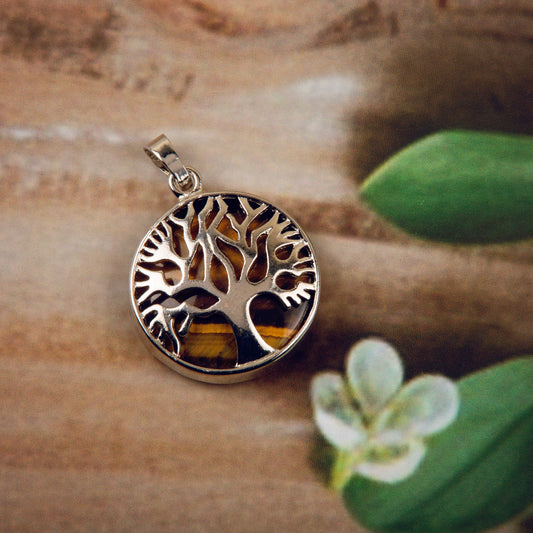 Natural Tigers Eye Wish fulfilling Tree Crystal Pendant in metal