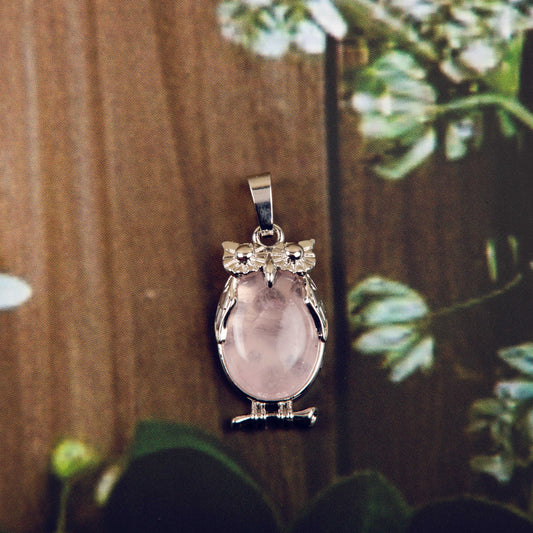 Natural Rose Quartz Owl Crystal Pendant in metal