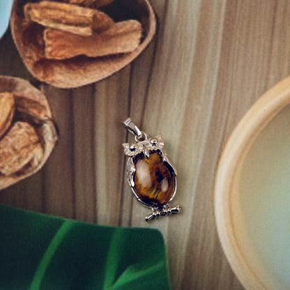 Natural Tigers Eye Owl Crystal Pendant in metal