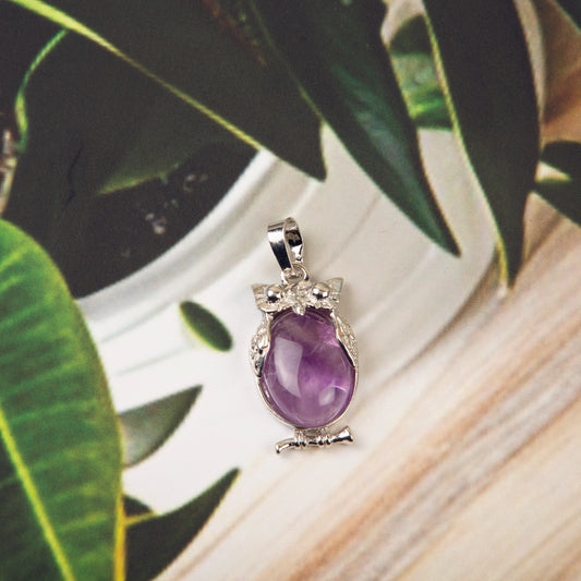 Natural Amethyst Owl Crystal Pendant in metal