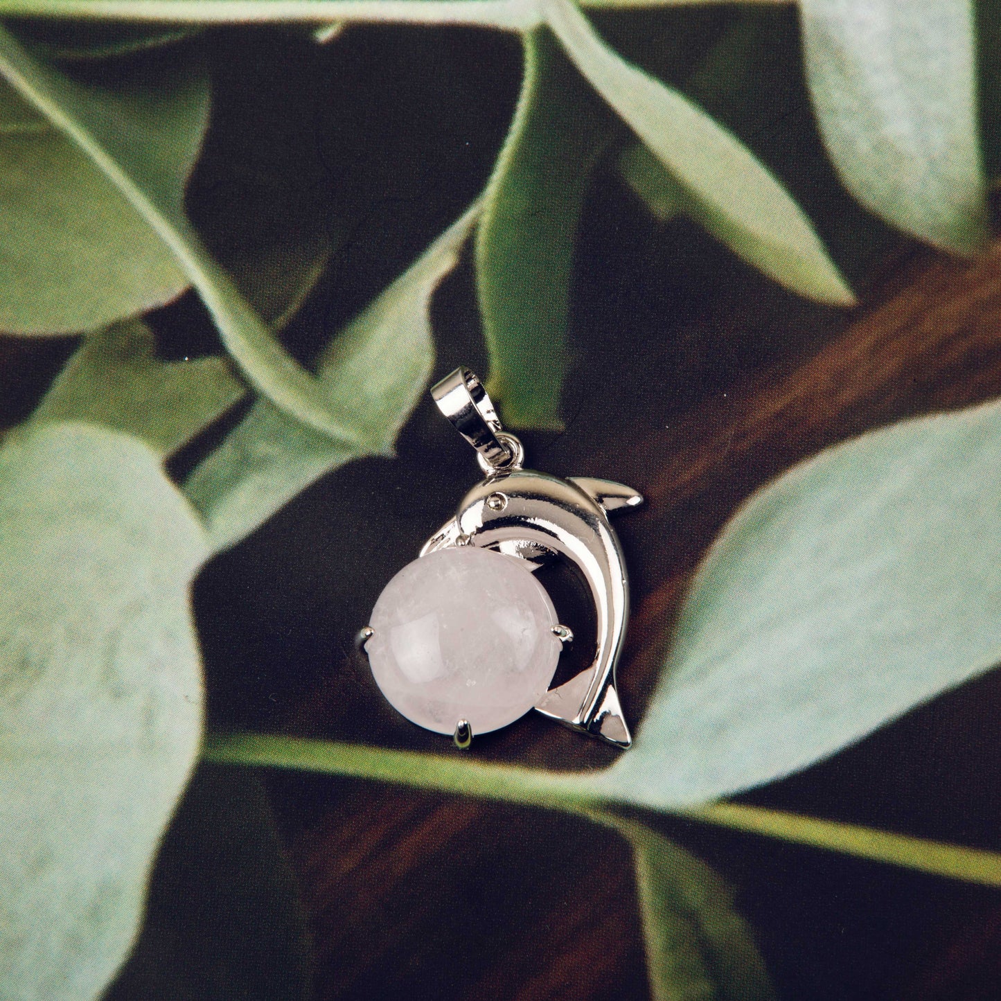 Natural Rose Quartz Dolphin Crystal Pendant in metal