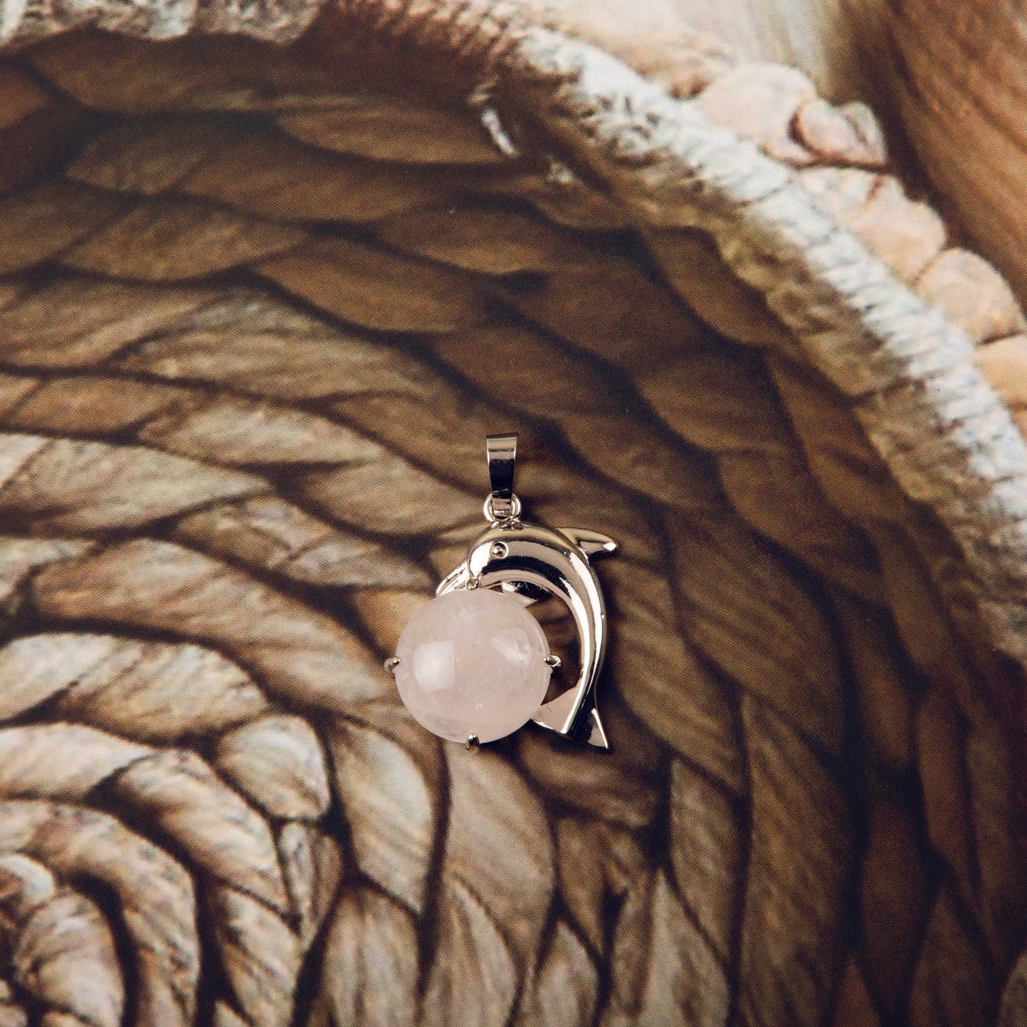 Natural Rose Quartz Dolphin Crystal Pendant in metal